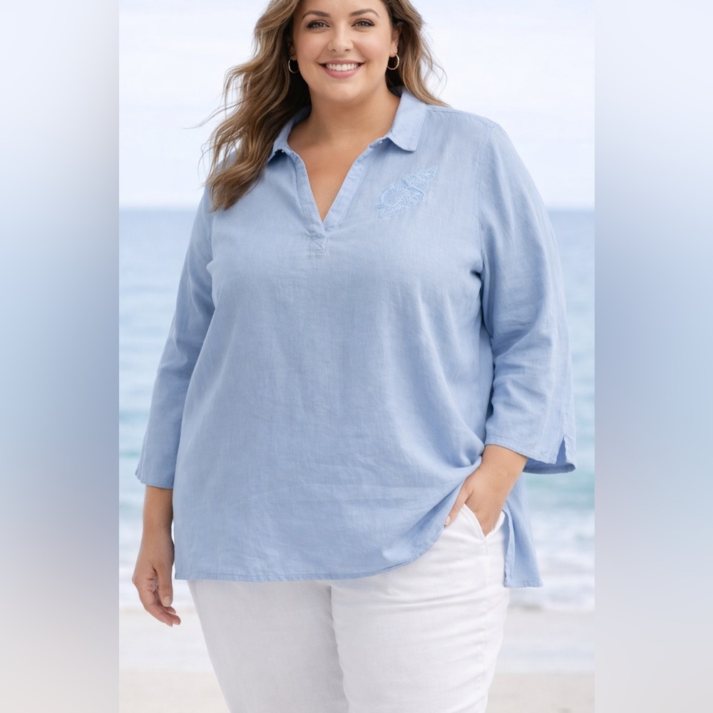Calypso St. Barth Blue Collared Split Neck Top Blouse Shell Embroidered Size 3X